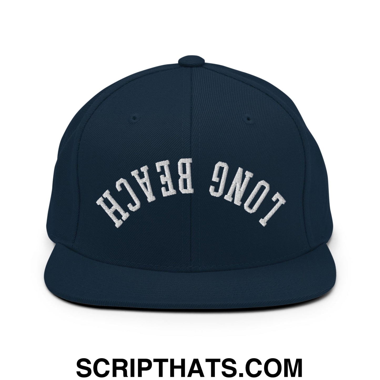 Upside Down Long Beach Embroidered Flat Bill Brim Snapback Hat Dark Navy