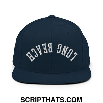 Upside Down Long Beach Embroidered Flat Bill Brim Snapback Hat Dark Navy