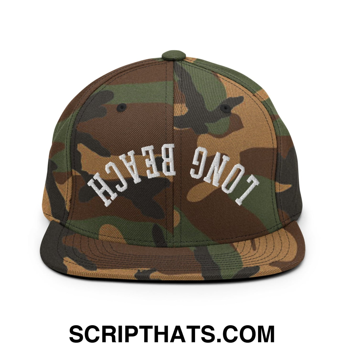 Upside Down Long Beach Embroidered Flat Bill Brim Snapback Hat Green Camo