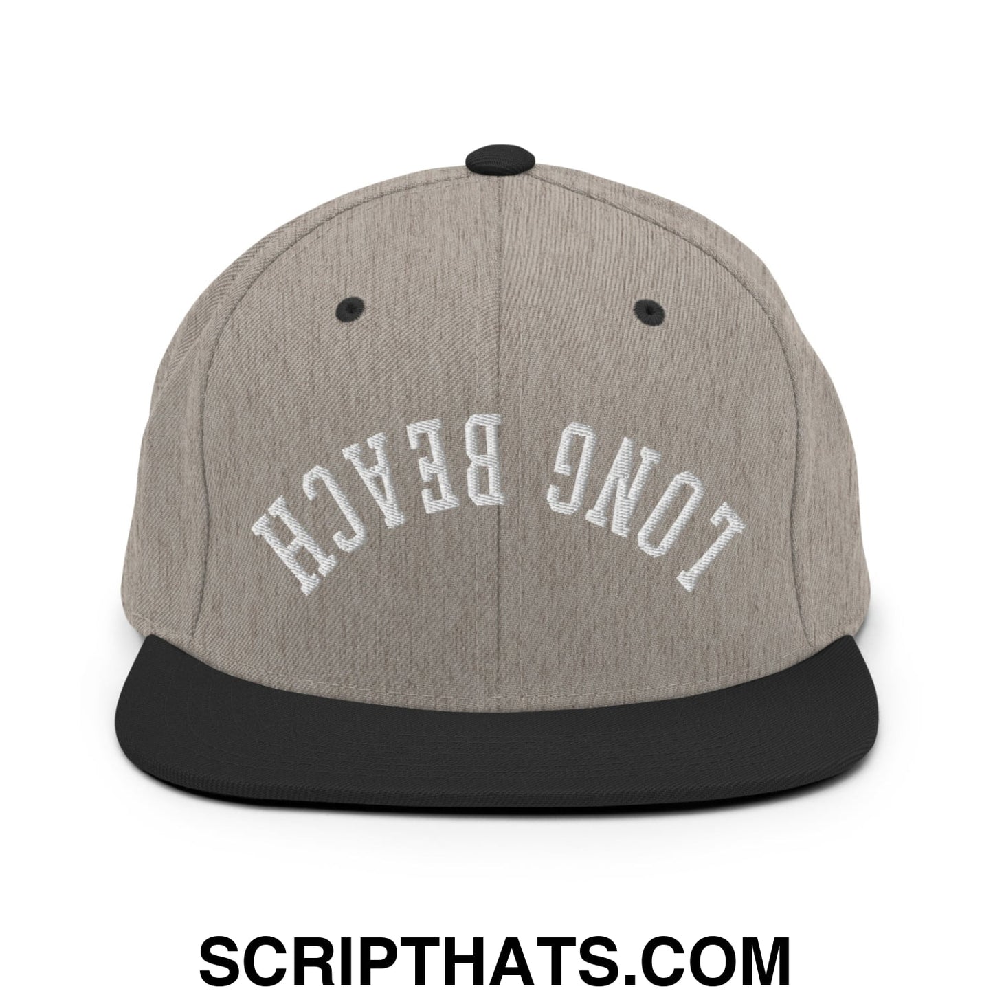Upside Down Long Beach Embroidered Flat Bill Brim Snapback Hat Heather Black