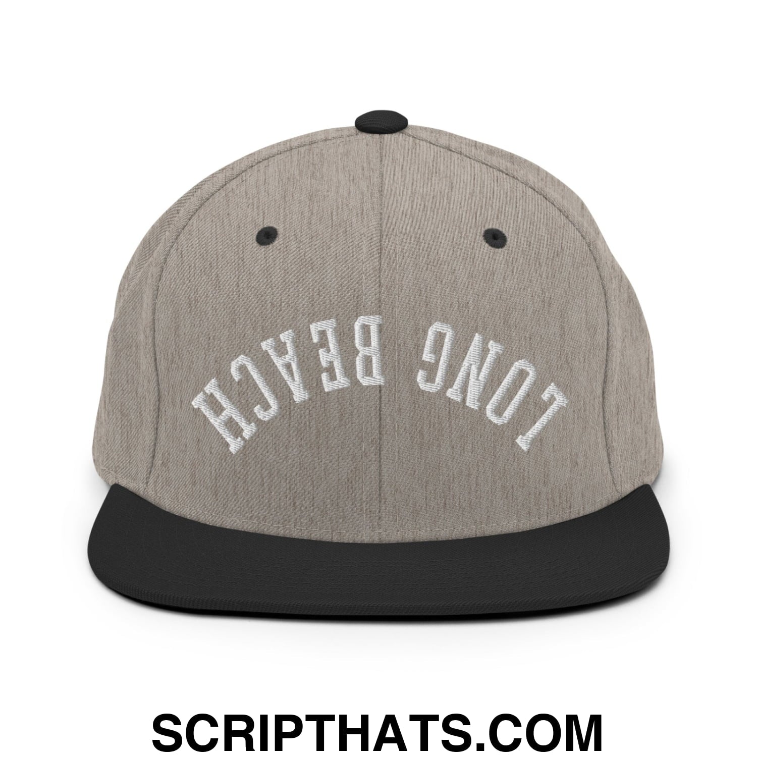 Upside Down Long Beach Embroidered Flat Bill Brim Snapback Hat Heather Black