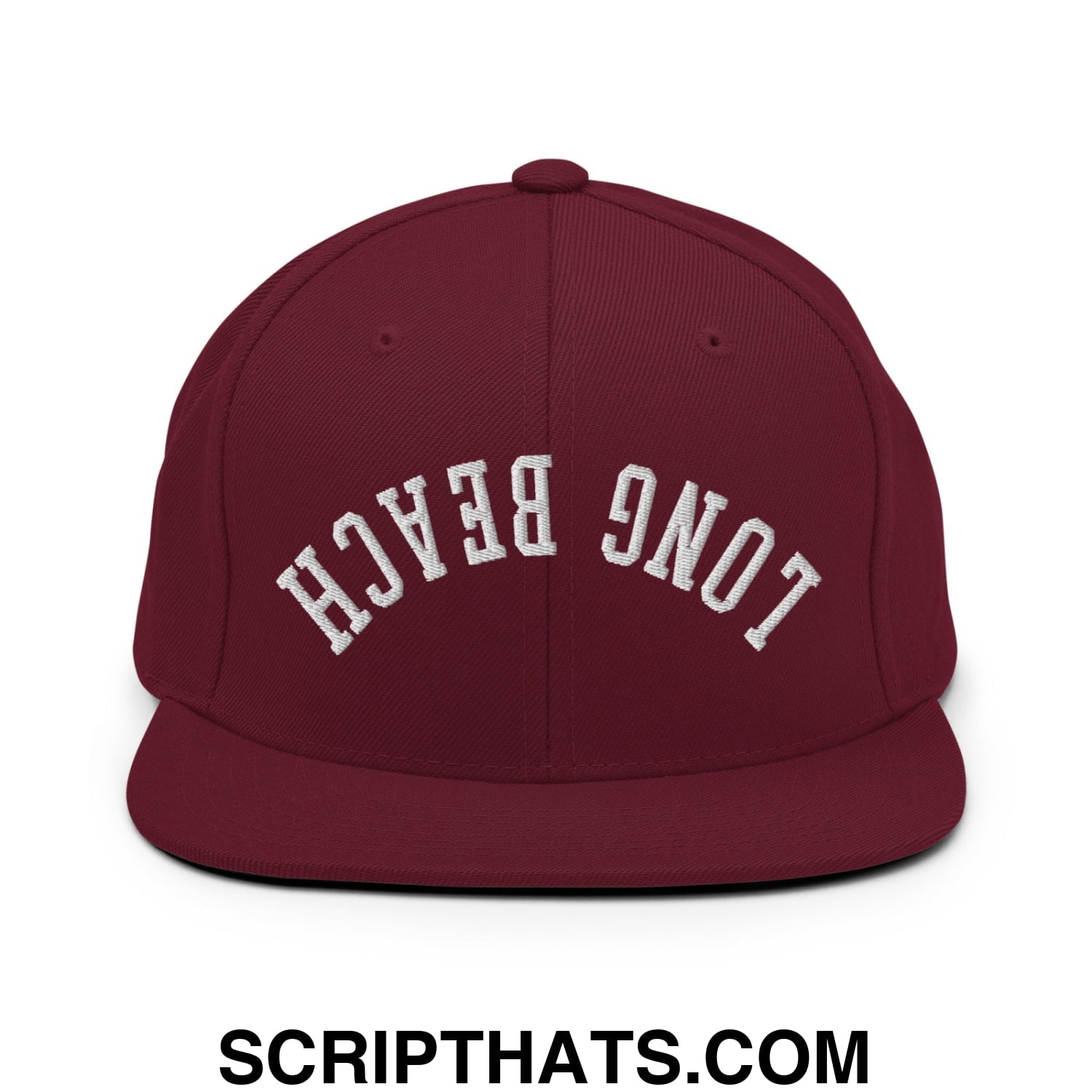 Upside Down Long Beach Embroidered Flat Bill Brim Snapback Hat Maroon