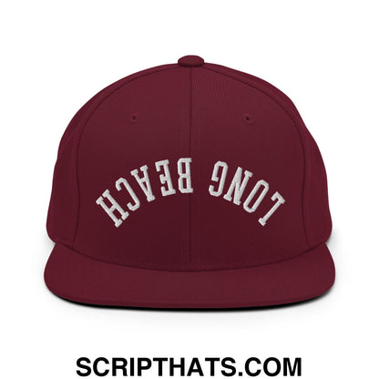 Upside Down Long Beach Embroidered Flat Bill Brim Snapback Hat Maroon