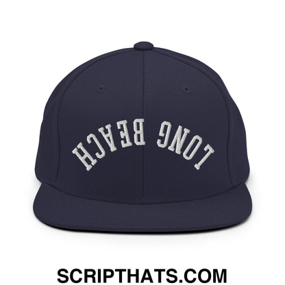Upside Down Long Beach Embroidered Flat Bill Brim Snapback Hat Navy