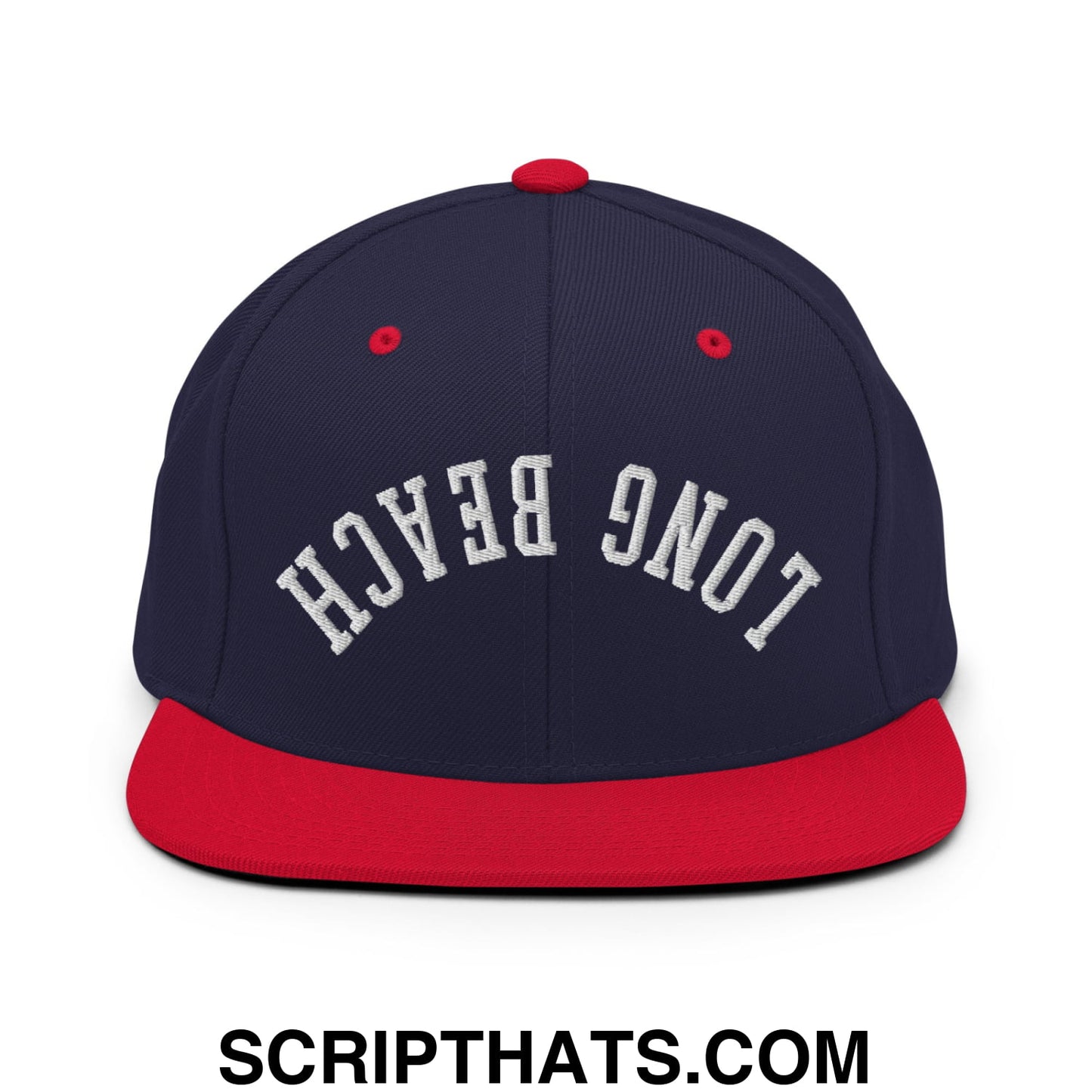 Upside Down Long Beach Embroidered Flat Bill Brim Snapback Hat Navy Red
