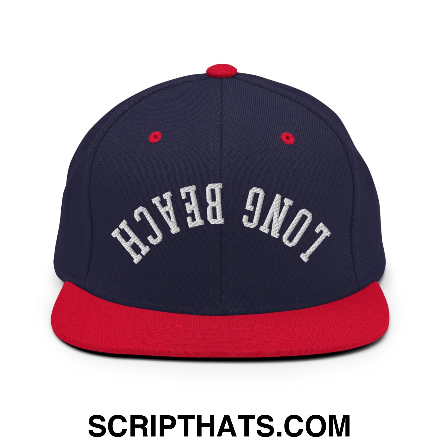 Upside Down Long Beach Embroidered Flat Bill Brim Snapback Hat Navy Red