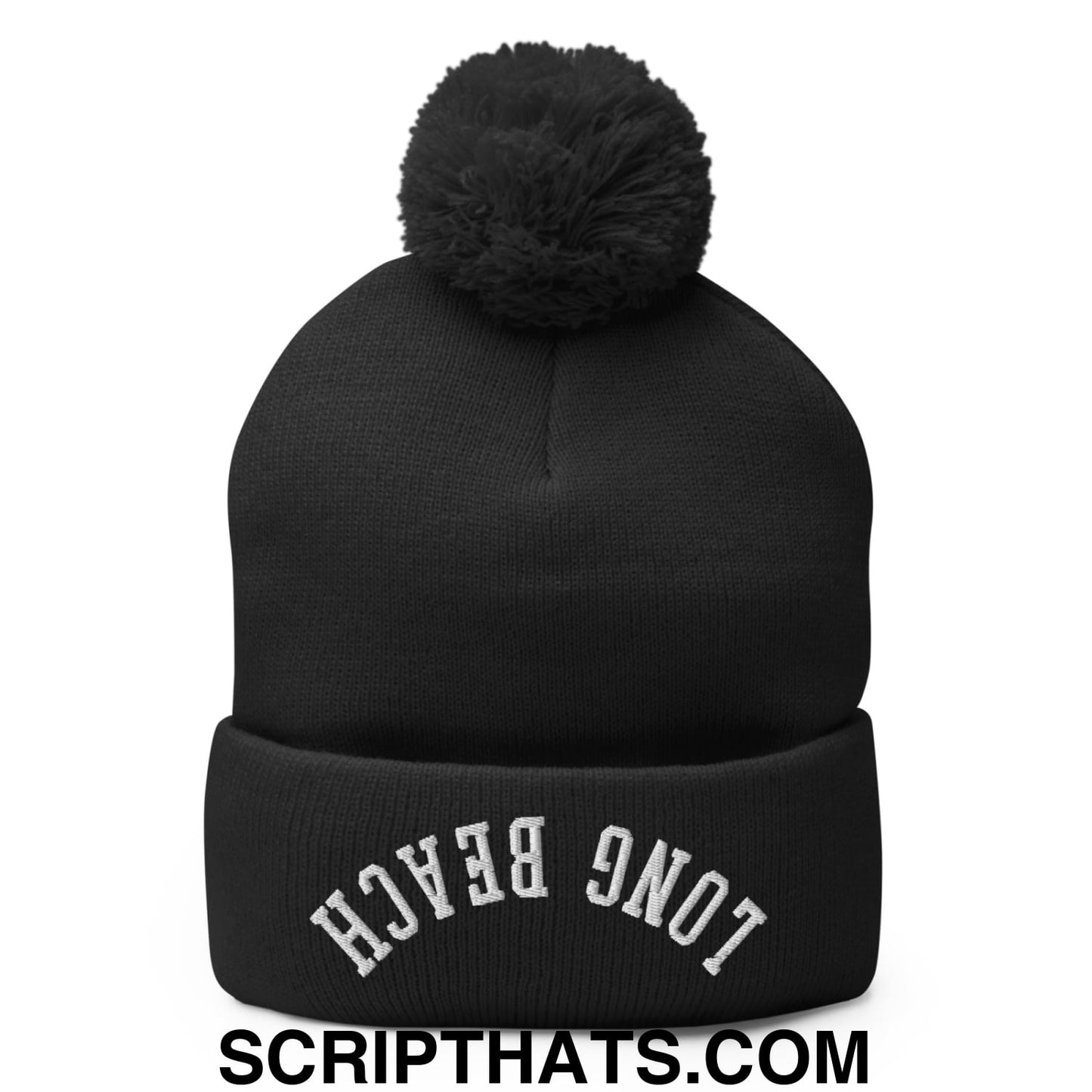 Upside Down Long Beach Embroidered Pom Pom Knit Beanie Black