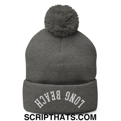 Upside Down Long Beach Embroidered Pom Pom Knit Beanie Dark Heather Grey