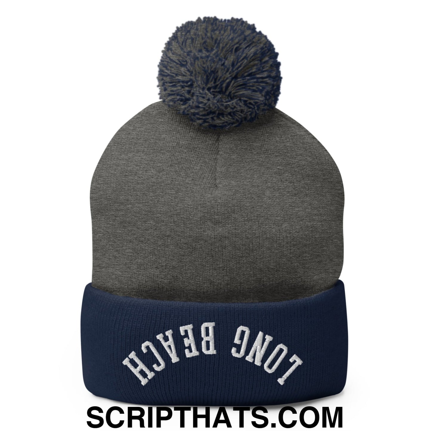 Upside Down Long Beach Embroidered Pom Pom Knit Beanie Dark Heather Grey Navy