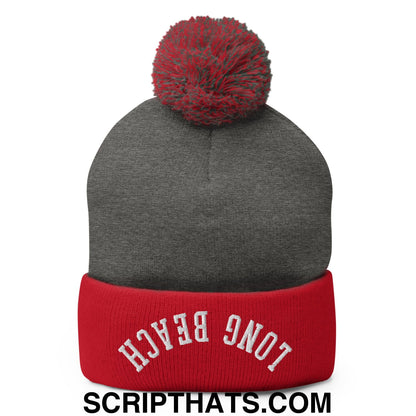 Upside Down Long Beach Embroidered Pom Pom Knit Beanie Dark Heather Grey Red