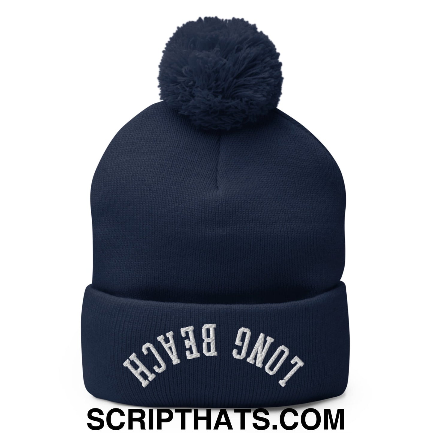 Upside Down Long Beach Embroidered Pom Pom Knit Beanie Navy