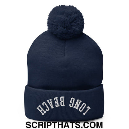 Upside Down Long Beach Embroidered Pom Pom Knit Beanie Navy