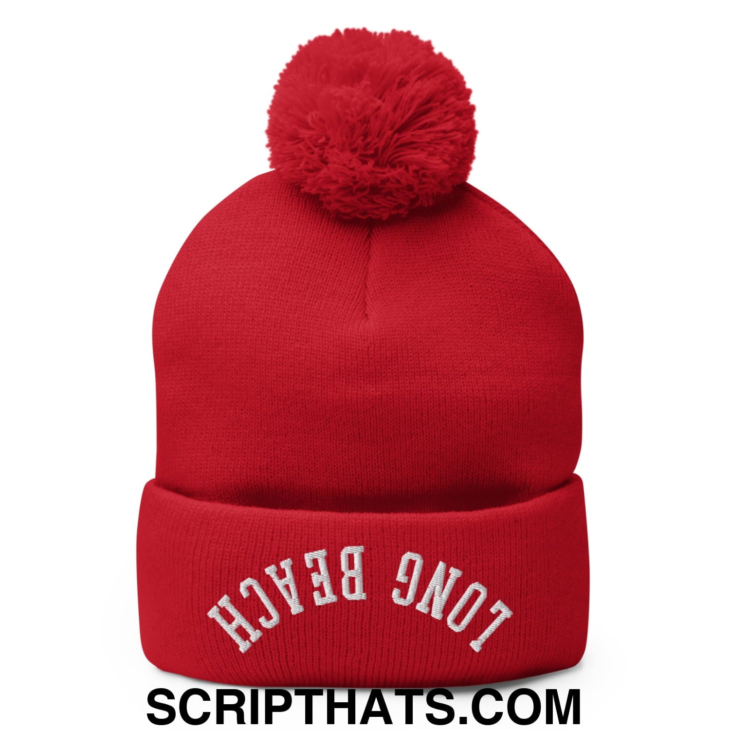 Upside Down Long Beach Embroidered Pom Pom Knit Beanie Red