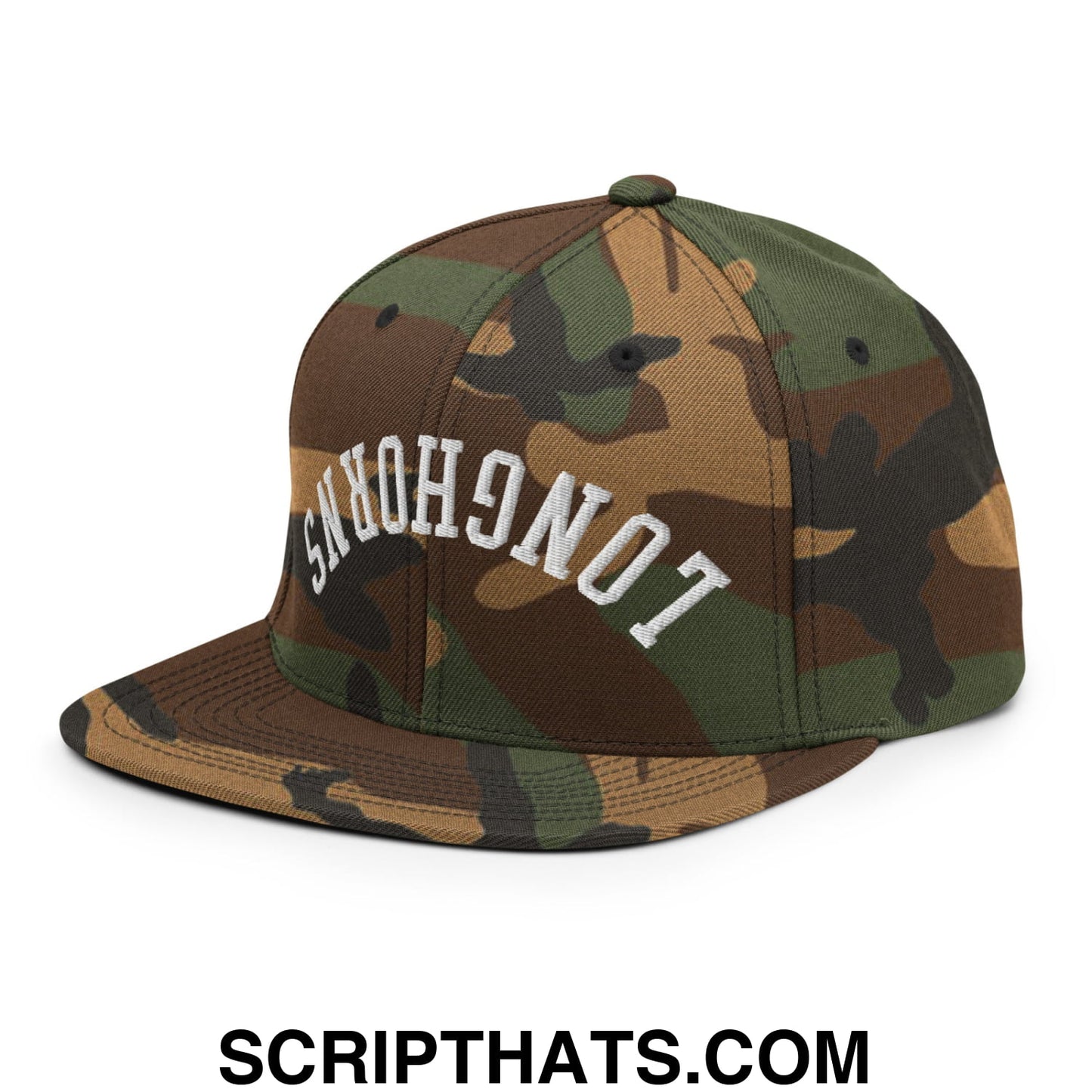 Upside Down Longhorns Embroidered Flat Bill Brim Snapback Hat Green Camo