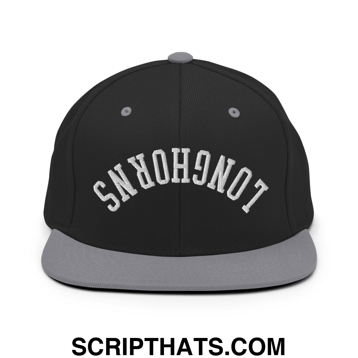 Upside Down Longhorns Embroidered Flat Bill Brim Snapback Hat Black Silver