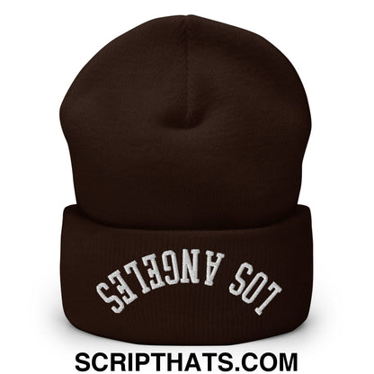 Upside Down Los Angeles Embroidered Cuffed Knit Beanie Brown