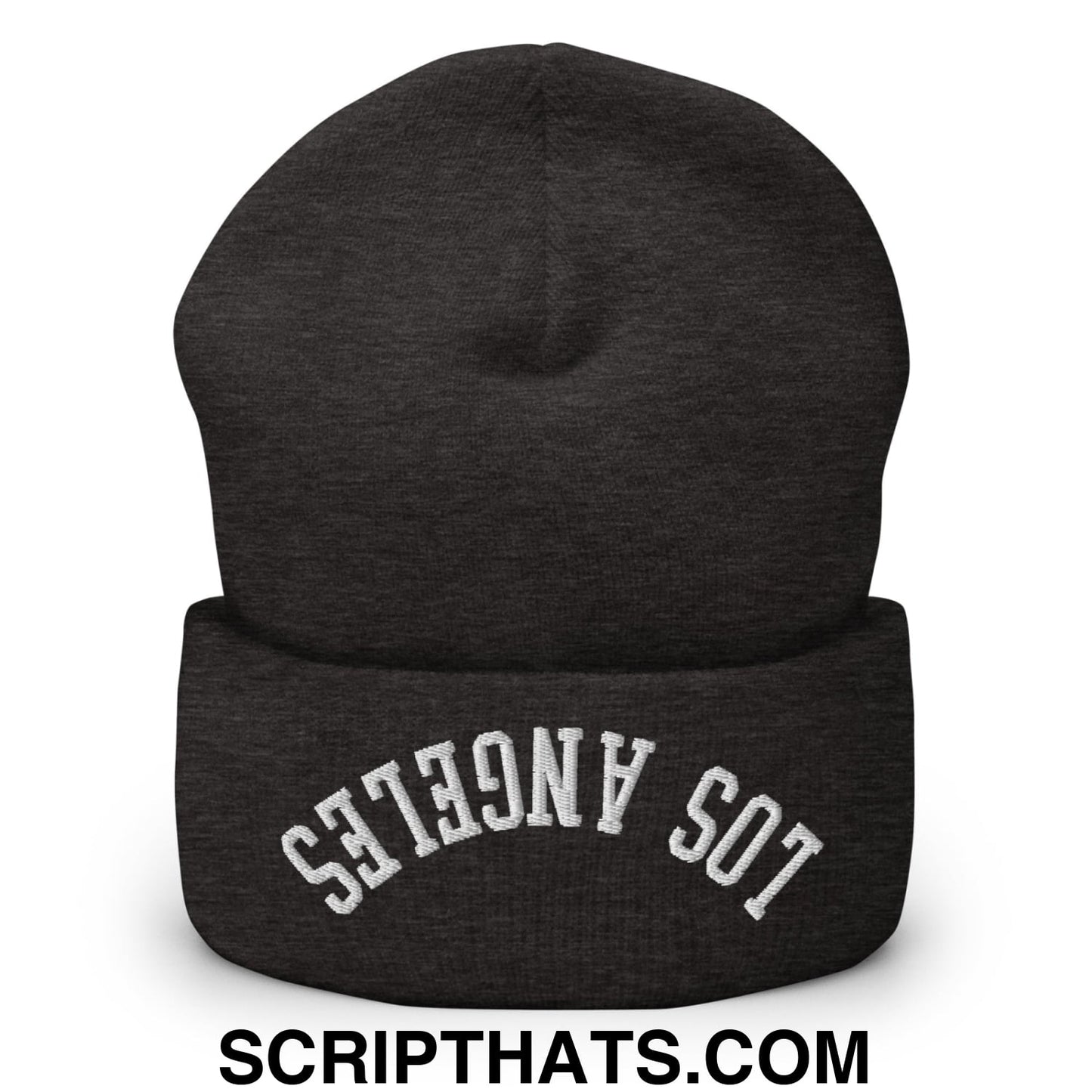 Upside Down Los Angeles Embroidered Cuffed Knit Beanie Dark Grey