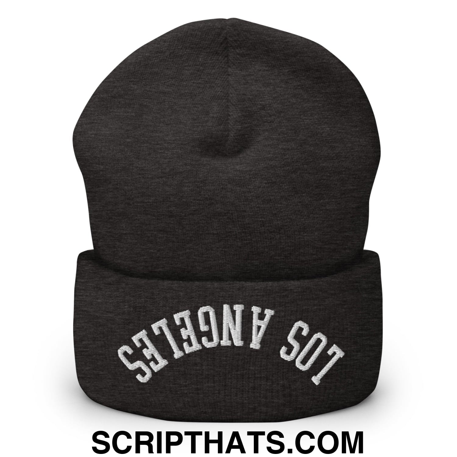Upside Down Los Angeles Embroidered Cuffed Knit Beanie Dark Grey