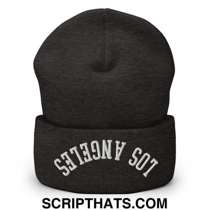 Upside Down Los Angeles Embroidered Cuffed Knit Beanie Dark Grey