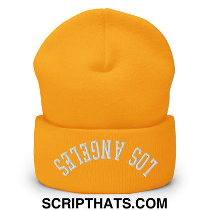Upside Down Los Angeles Embroidered Cuffed Knit Beanie Gold