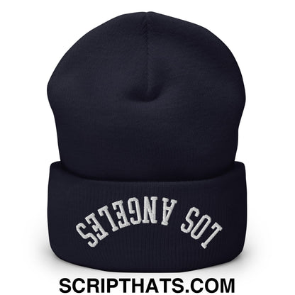 Upside Down Los Angeles Embroidered Cuffed Knit Beanie Navy