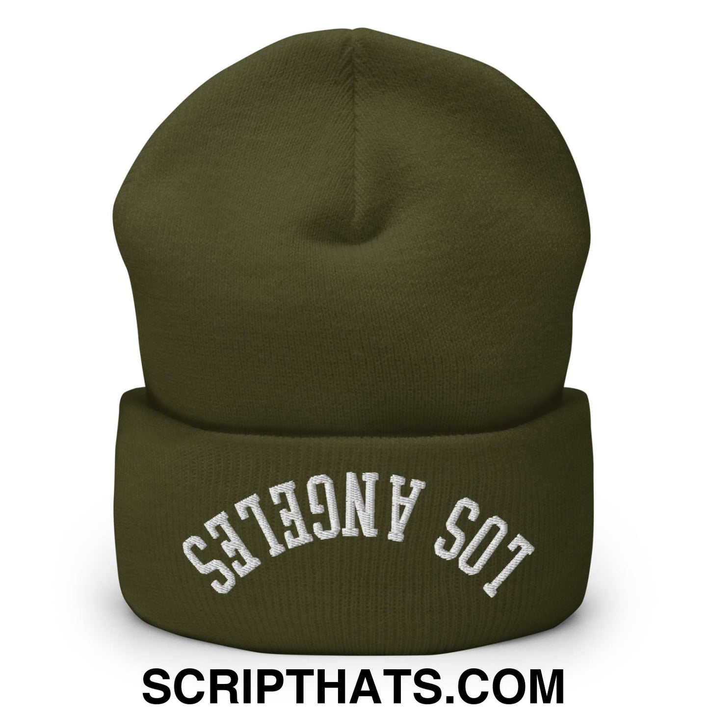 Upside Down Los Angeles Embroidered Cuffed Knit Beanie Olive