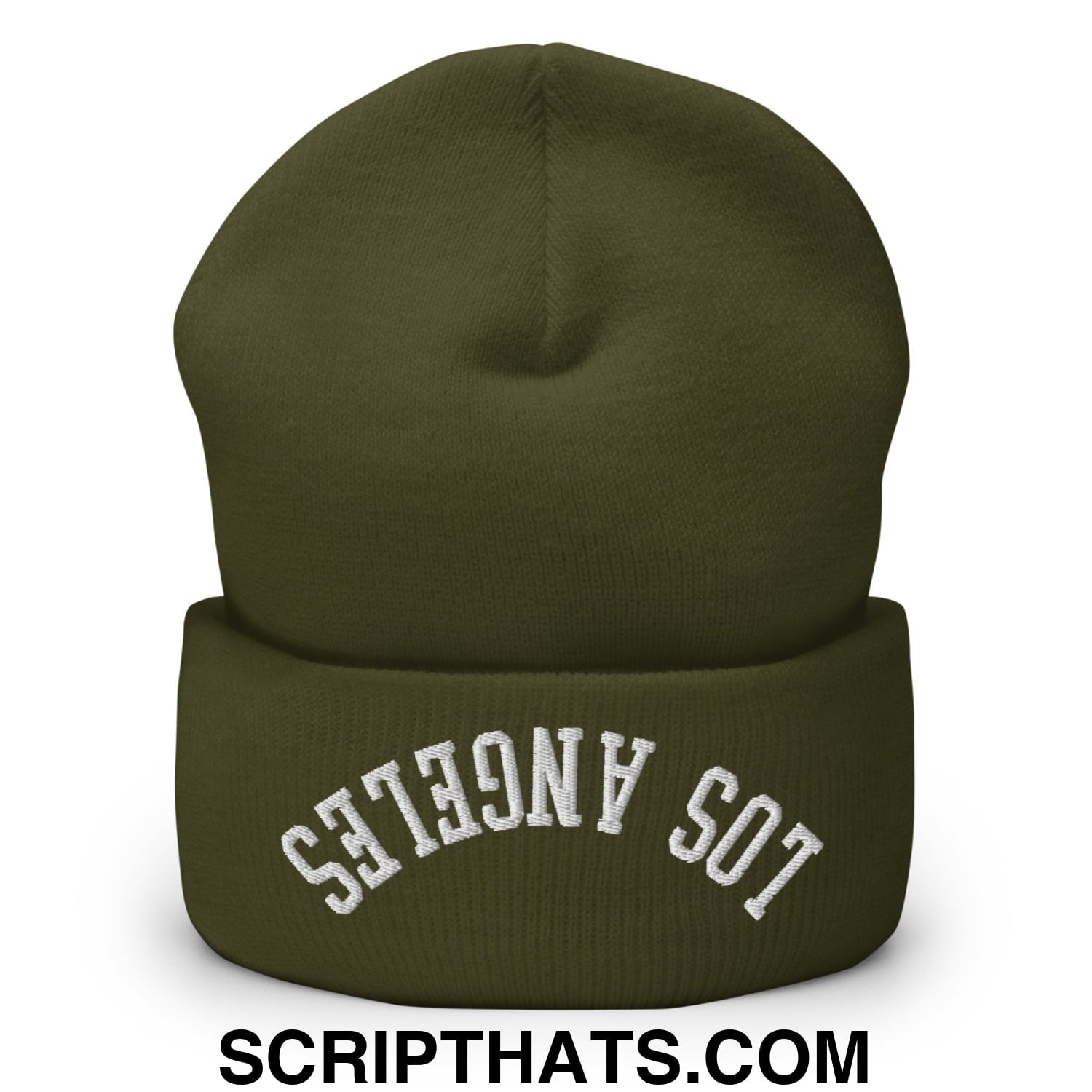 Upside Down Los Angeles Embroidered Cuffed Knit Beanie Olive