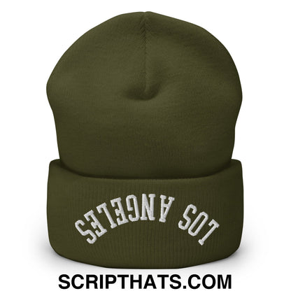 Upside Down Los Angeles Embroidered Cuffed Knit Beanie Olive
