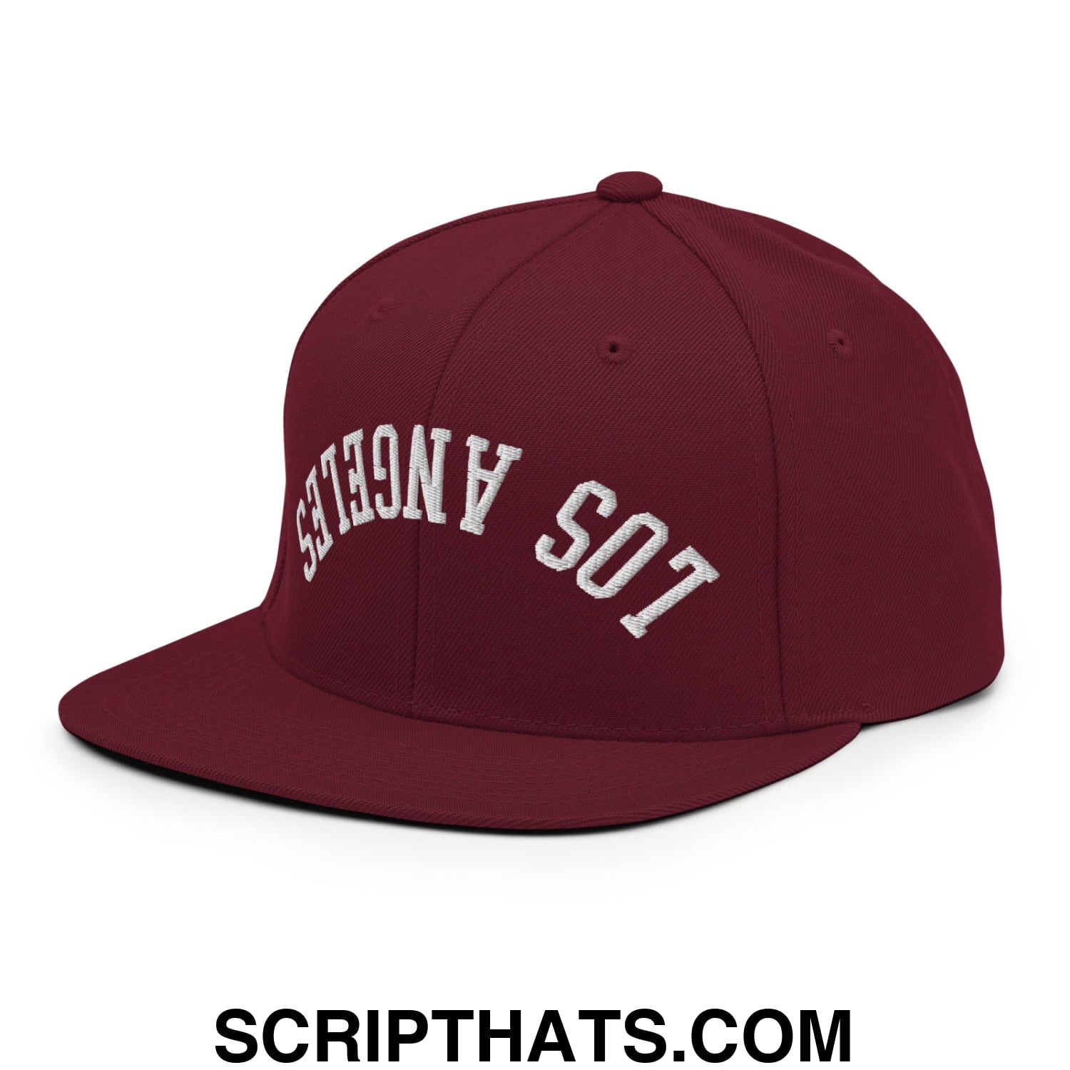 Upside Down Los Angeles Embroidered Flat Bill Brim Snapback Hat Maroon
