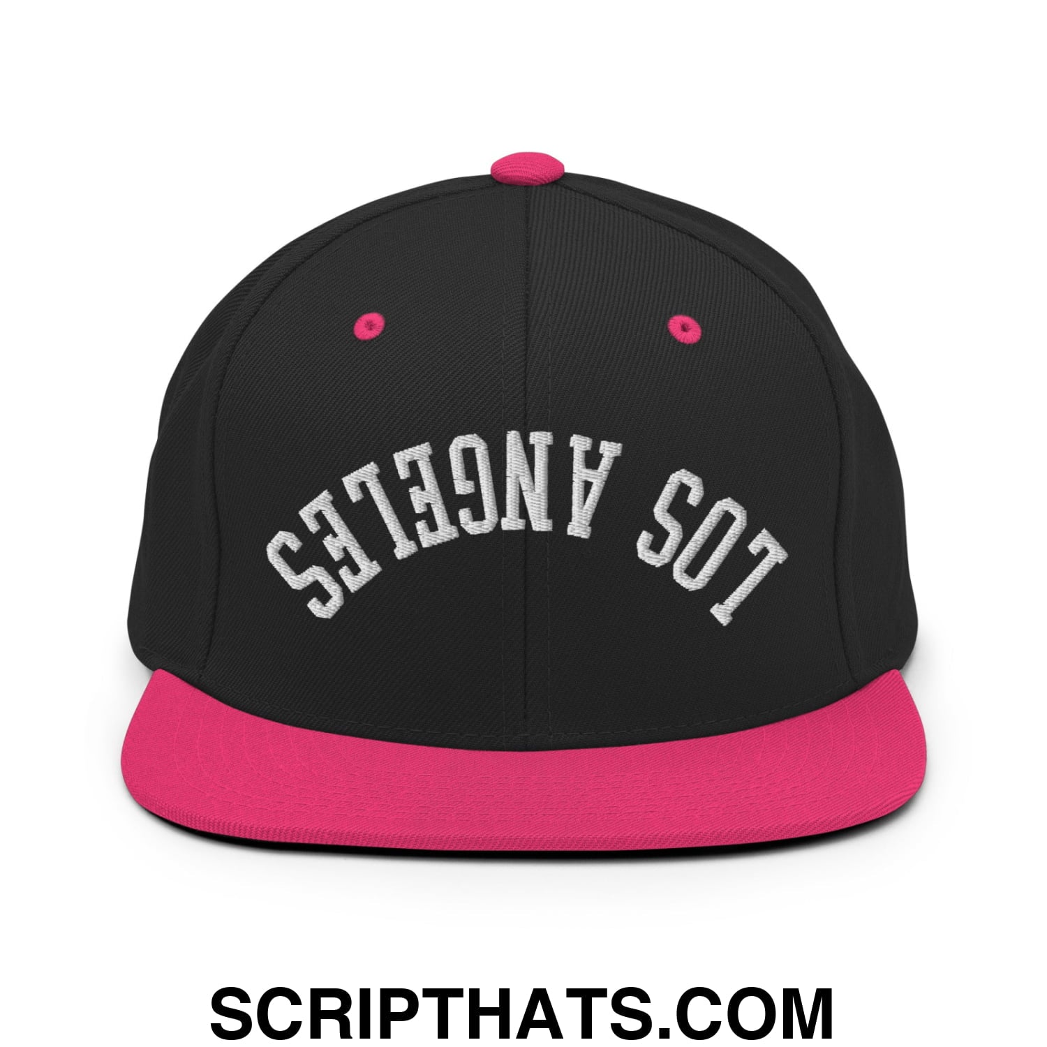 Upside Down Los Angeles Embroidered Flat Bill Brim Snapback Hat Black Neon Pink