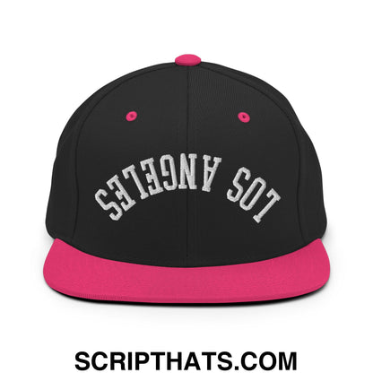 Upside Down Los Angeles Embroidered Flat Bill Brim Snapback Hat Black Neon Pink