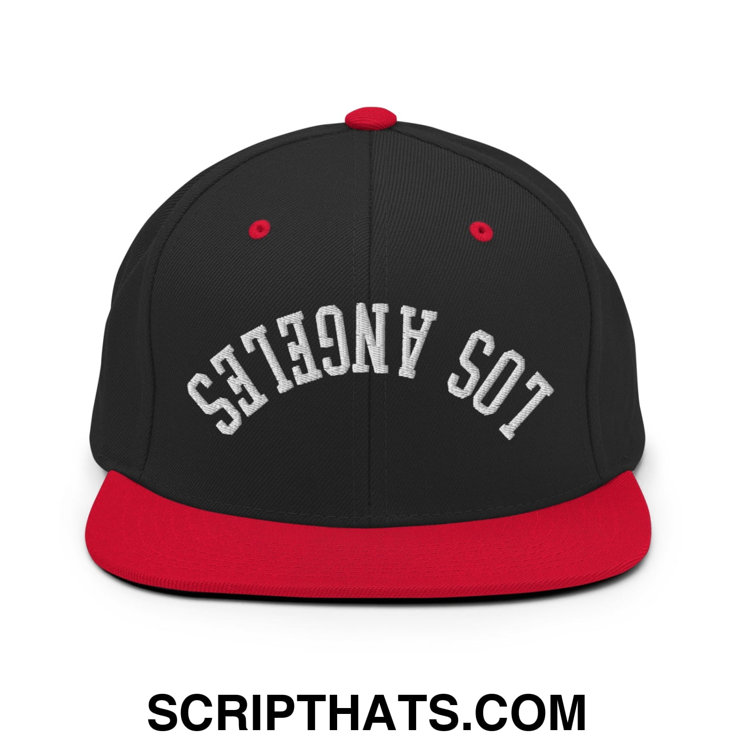 Upside Down Los Angeles Embroidered Flat Bill Brim Snapback Hat Black Red
