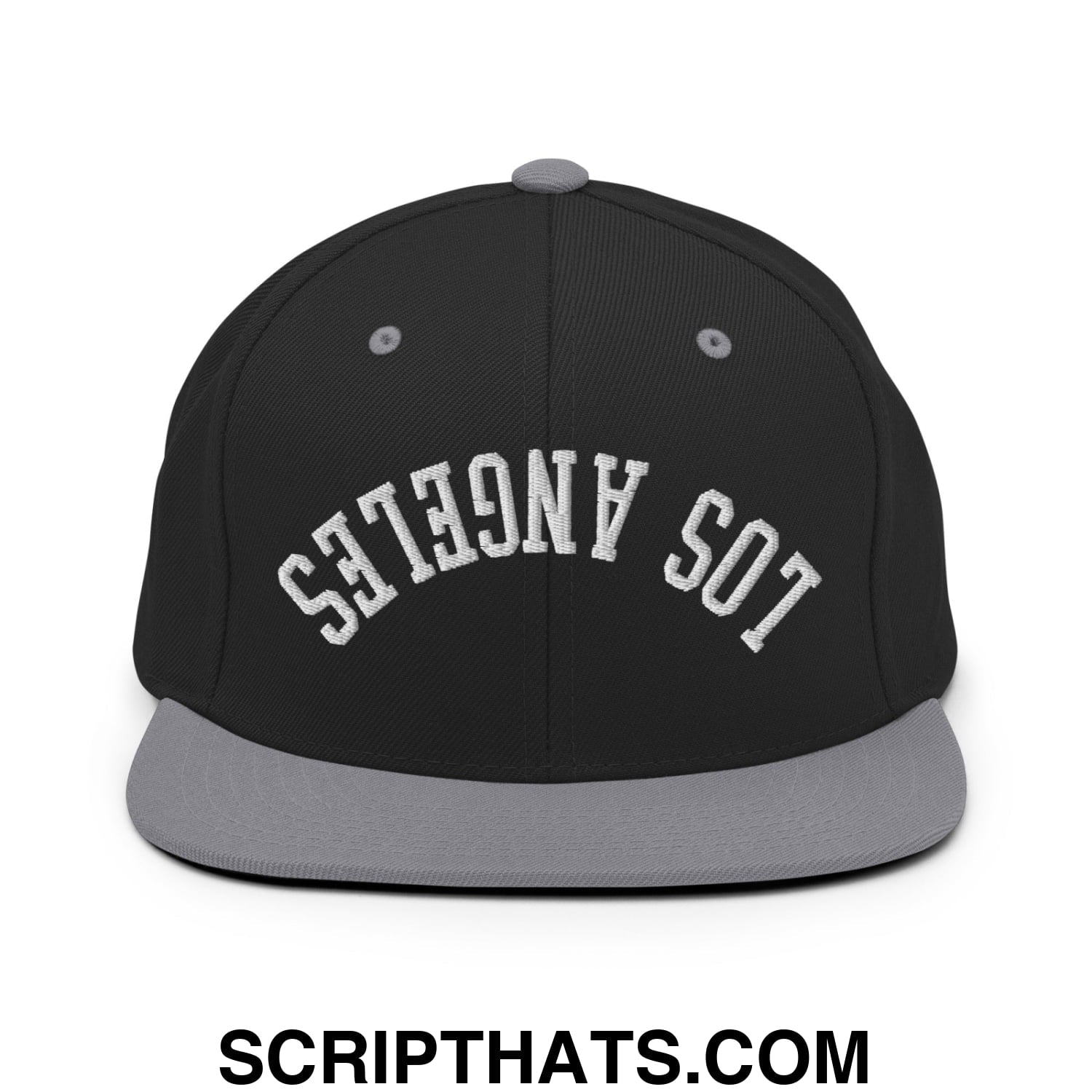 Upside Down Los Angeles Embroidered Flat Bill Brim Snapback Hat Black Silver