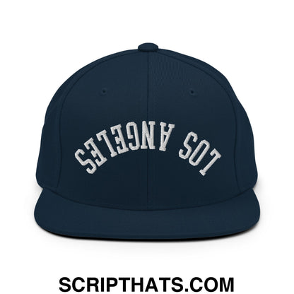 Upside Down Los Angeles Embroidered Flat Bill Brim Snapback Hat Dark Navy