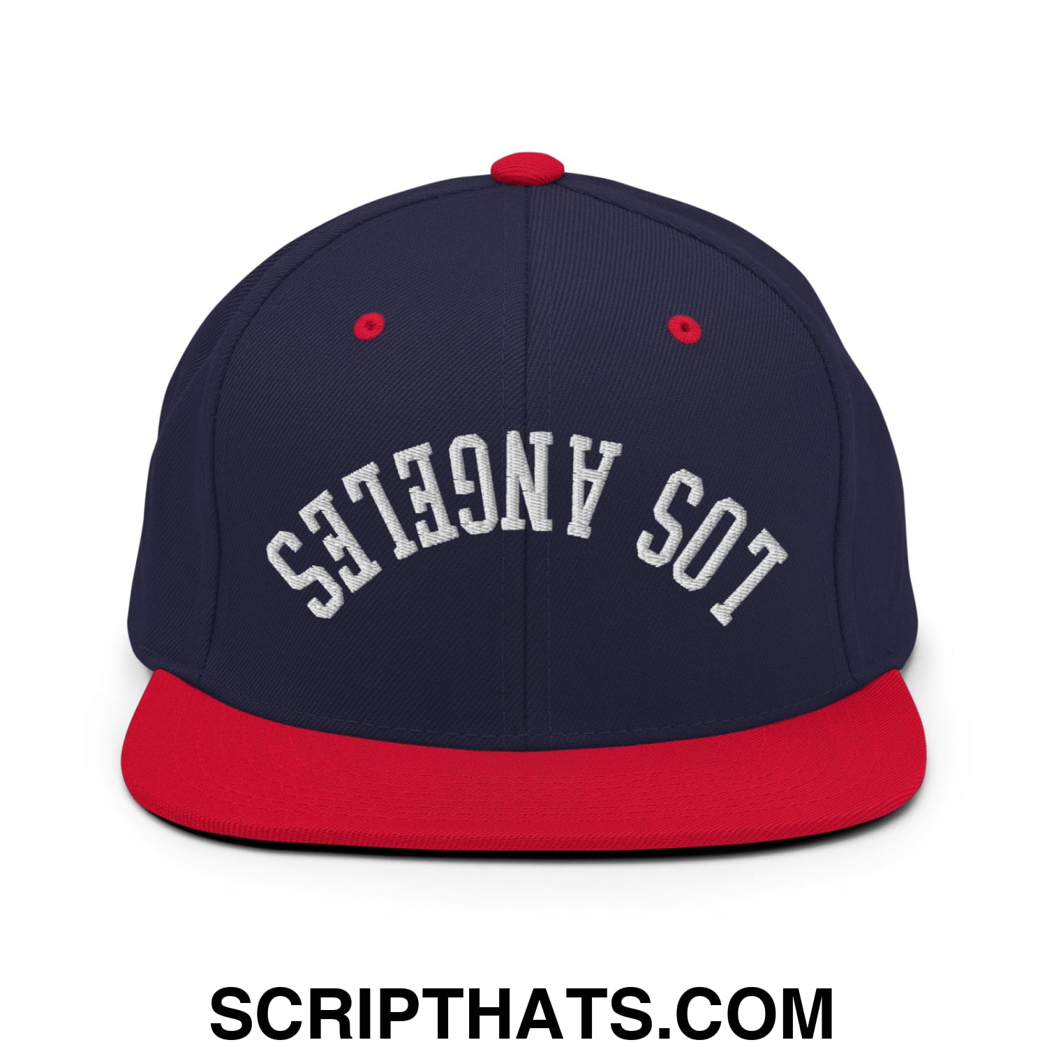 Upside Down Los Angeles Embroidered Flat Bill Brim Snapback Hat Navy Red