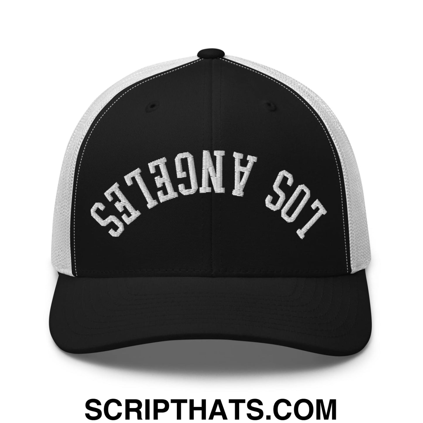 Upside Down Los Angeles Embroidered Mesh Trucker Hat Black White