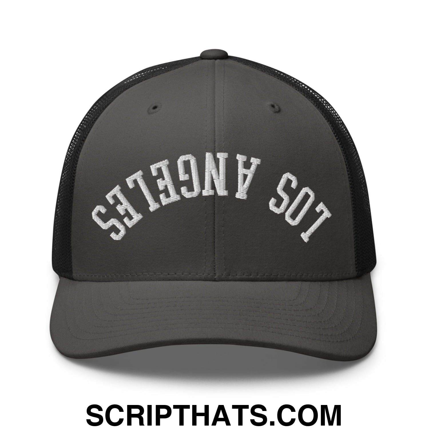 Upside Down Los Angeles Embroidered Mesh Trucker Hat Charcoal Black
