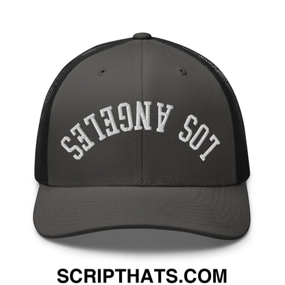 Upside Down Los Angeles Embroidered Mesh Trucker Hat Charcoal Black