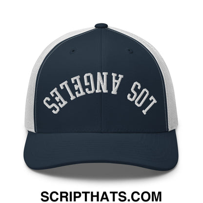 Upside Down Los Angeles Embroidered Mesh Trucker Hat Navy White