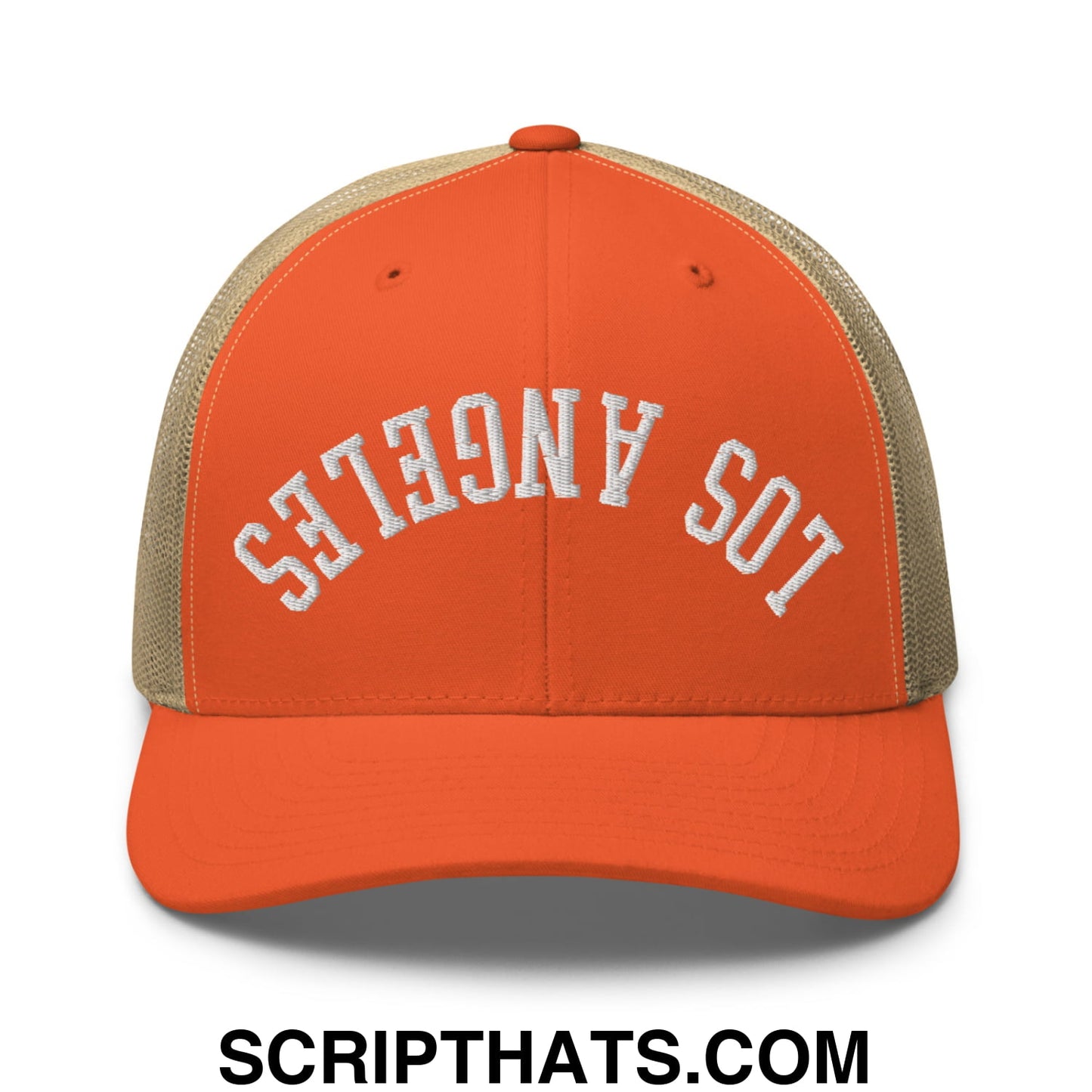 Upside Down Los Angeles Embroidered Mesh Trucker Hat Rustic Orange Khaki