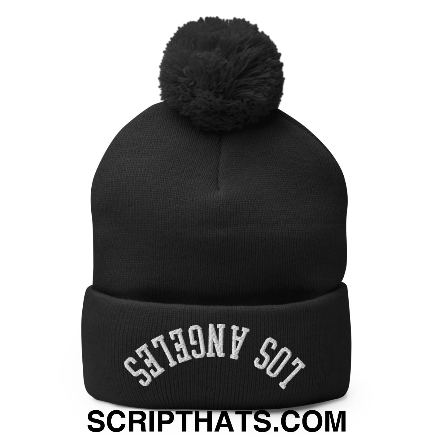 Upside Down Los Angeles Embroidered Pom Pom Knit Beanie Black