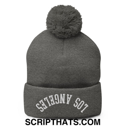 Upside Down Los Angeles Embroidered Pom Pom Knit Beanie Dark Heather Grey