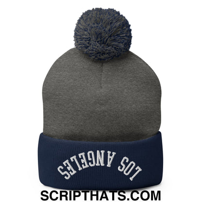 Upside Down Los Angeles Embroidered Pom Pom Knit Beanie Dark Heather Grey Navy