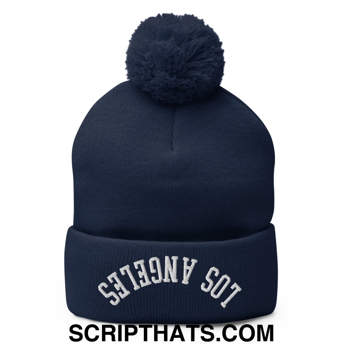 Upside Down Los Angeles Embroidered Pom Pom Knit Beanie Navy