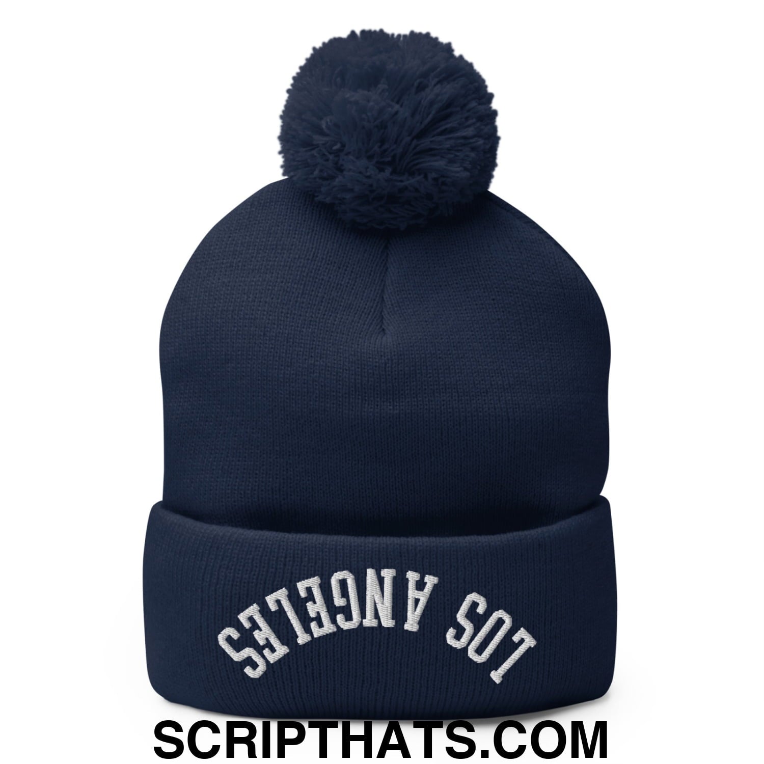 Upside Down Los Angeles Embroidered Pom Pom Knit Beanie Navy