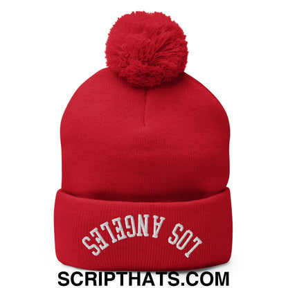 Upside Down Los Angeles Embroidered Pom Pom Knit Beanie Red