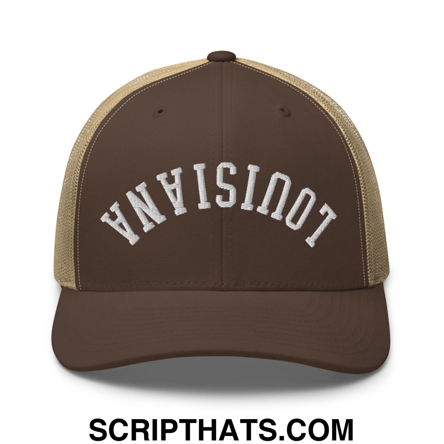 Upside Down Louisiana Embroidered Mesh Trucker Hat Brown Khaki