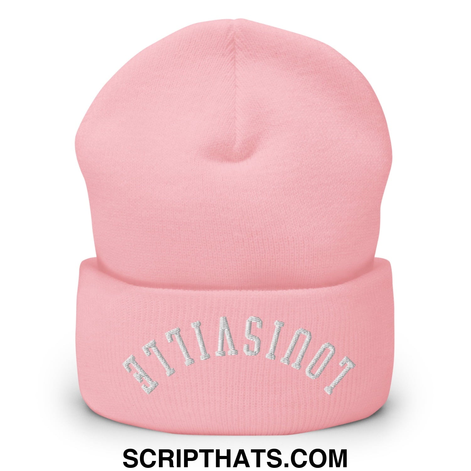A soft pink knit beanie with a folded cuff embroidered with atlantic in silver from upside down louisville