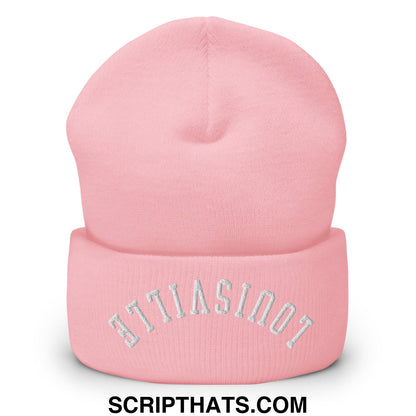 A soft pink knit beanie with a folded cuff embroidered with atlantic in silver from upside down louisville