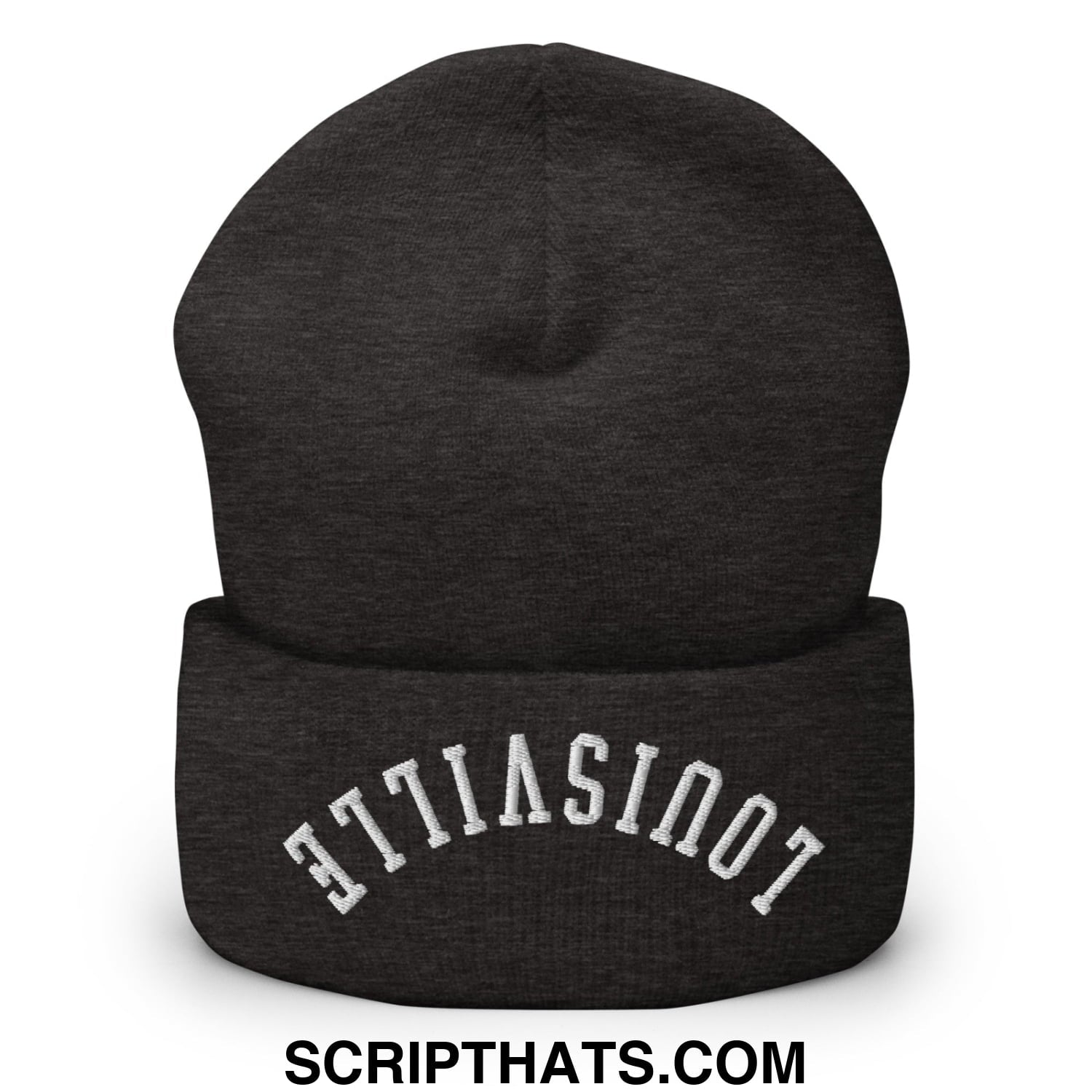 A dark heather gray knit beanie with folded cuff and white collegiate-style upside down louisville embroidery